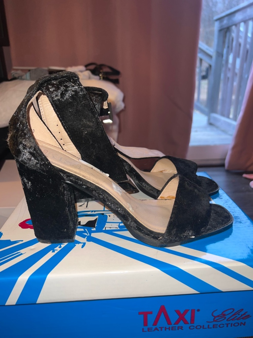 Black Velvet Block Heel Sandals